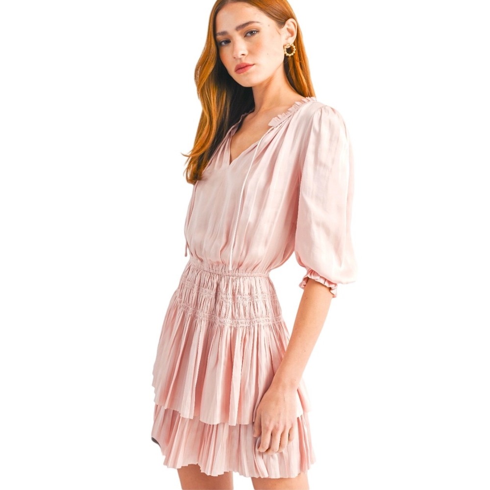 Reset by Jane Pink Satin Jamie Ruffle Mini Dress with Smocked Waist Small - Picture 2 of 11